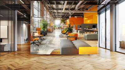 An image featuring a modern and creative workspace, showcasing vibrant and ergonomic design in a setting of a tech office, emphasizing productivity and innovation. Wall mural