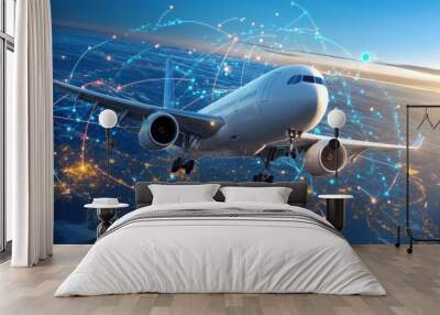 Cargo plane in flight with global map and shipping routes overlay Wall mural