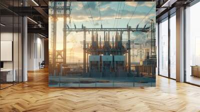 Create an image of a step-up substation at a power generation site, with towering transformers and humming electrical equipment against a backdrop of industrial machinery  Wall mural