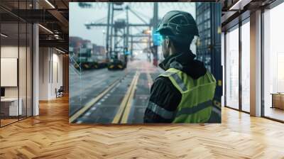 Create an image of logistics personnel using augmented reality (AR) for training in cargo handling operations, with holographic guides and interactive instructions  Wall mural