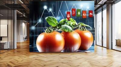 Dark background with a bright graph showing food price trends, currency symbols and produce items Wall mural