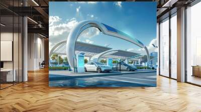 Depict a futuristic transport hub where electric and hydrogen-powered vehicles recharge/refuel, with renewable energy sources like solar panels and wind turbines powering the infrastructure  Wall mural