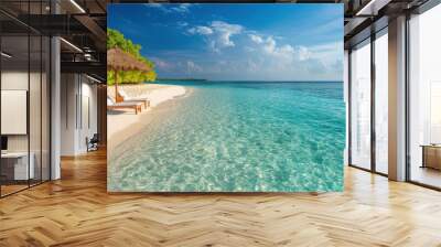 Deserted island with pristine white sand, crystal-clear ocean and a lone beach umbrella Wall mural