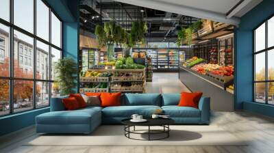 Eco-friendly supermarket with sustainability initiatives, reduced packaging and renewable energy, sleek and vibrant design  Wall mural