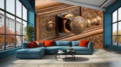 Elegant gold-plated vault door engraved with intricate designs Wall mural