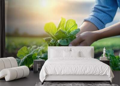 Farmer using crop rotation technique to enhance sustainability in organic vegetable farming Wall mural