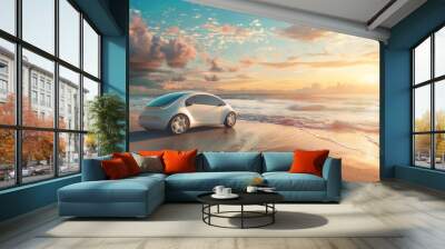 Frame electric cars against coastal vistas, highlighting their contribution to preserving pristine shorelines and marine ecosystems --ar 16:9  Wall mural