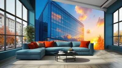 Futuristic office building with glass walls reflecting a vibrant business society Wall mural