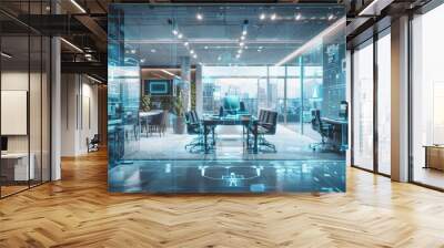 Futuristic office with predictive maintenance systems, showcasing a modern, smart design, in an advanced business hub, emphasizing proactive management. Wall mural