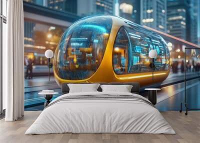 Futuristic ride-sharing pods, holographic interface, eco-friendly urban mobility Wall mural