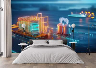 Green hydrogen factory at night, neon lights, futuristic clean energy concept Wall mural