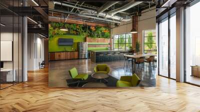 Green office with energy-efficient appliances and smart systems, designed in a contemporary style, set in an environmentally-conscious community.  Wall mural