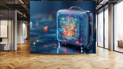 High-tech suitcase with holographic lock and embedded screens, futuristic travel concept Wall mural