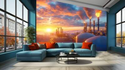 Large LPG storage tanks at a refinery, industrial scene, misty morning Wall mural