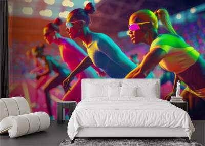 LGBTQ athletes using smart sports gear and wearable tech in a modern stadium. Art style: dynamic and energetic. --ar 16:9 --style raw Job ID: 884d850f-e143-44c2-97d2-5c801d2267d2 Wall mural