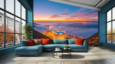 LPG storage tanks by the sea, coastal industrial scene, morning fog Wall mural