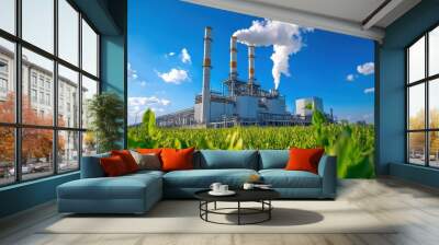 Modern sugar factory with smoke rising from chimneys, sugar industry, environmental impact Wall mural