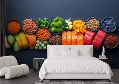 Raw diet ingredients artistically arranged for pet food creation Wall mural