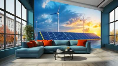 Solar and wind hybrid facility, futuristic battery storage, clean energy technology Wall mural