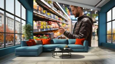 Supermarket with real-time personalized recommendations via smartphone app, sleek and modern layout, engaging customer experience  Wall mural