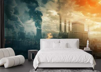 The transition from fossil fuels to nuclear and renewable energy, with a juxtaposition of an old coal plant and a modern nuclear facility, in a dynamic, conceptual design. --ar 16:9 --style raw  Wall mural