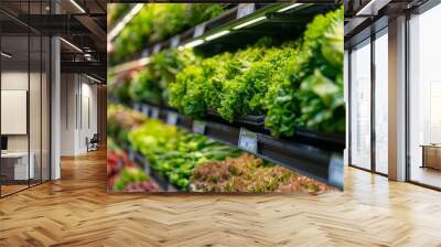 Vertical farming systems inside a high-tech supermarket, modern and sustainable layout, fresh and vibrant environment --ar 16:9 --style raw Job ID: a2b6b308-3531-4a7f-9a6a-fa3cfd3ebdbf Wall mural