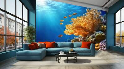 Vibrant Coral Reef under the Sea. A colorful and lively coral reef scene with diverse marine life swimming in clear blue water. Wall mural