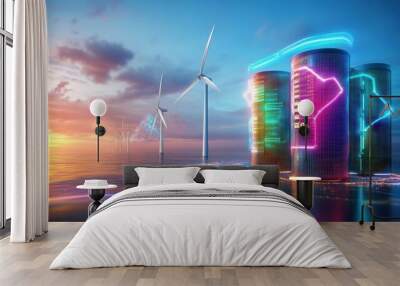 Wind turbine farm at sunset, advanced energy storage units, futuristic neon design Wall mural