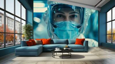 A woman is dressed in protective gear including a face mask. She appears to be a surgeon from the future, equipped to handle potential infectious situations. Generative AI Wall mural