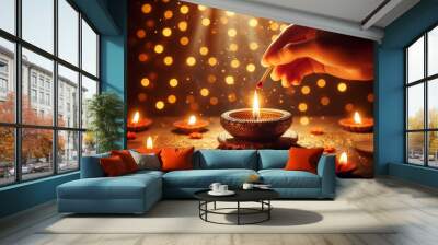 Hand lighting traditional for indian holiday diwali with rangoli background Wall mural