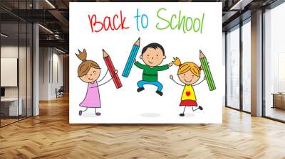 card back to school. Children with pencils Wall mural