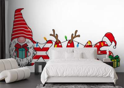 Christmas card.  Cute gnome with gift and the word xmas Wall mural