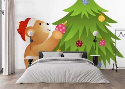 teddy bear placing glass balls in christmas tree Wall mural