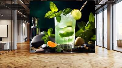 Cocktail full of refreshes with mint leaves and flowers with an awesome environment Wall mural