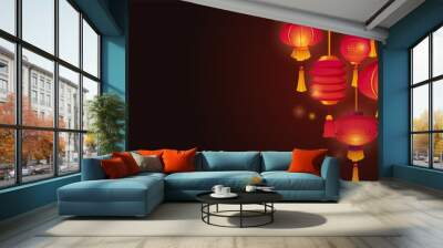 Chinese lanterns in red and gold. Dark background, banner with glowing paper lanterns. Vector template Wall mural