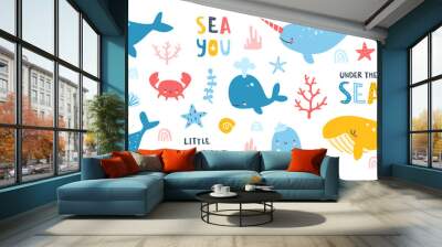 Marine life colorful baby vector set. Collection of cartoon sea underwater cute animals and plants. Wall mural