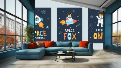 Set of posters with little fox astronaut in the space. Cute collection of cosmic vector prints with animal cosmonaut. Wall mural