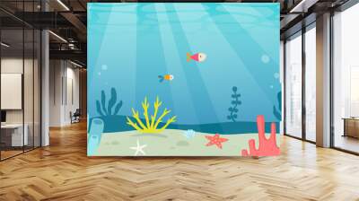 Underwater cartoon background. Tropical ocean floor view. Coral reef with algae and fishes. Wall mural