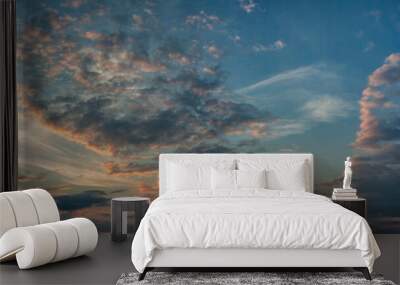 Panorama evening sky with blue, white and orange clouds Wall mural