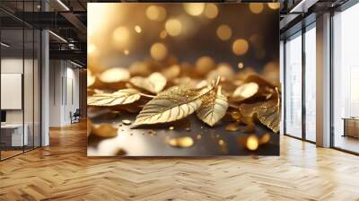 Gold autumn leaves with glitter. Blurred background in brown and golden tones.  Wall mural