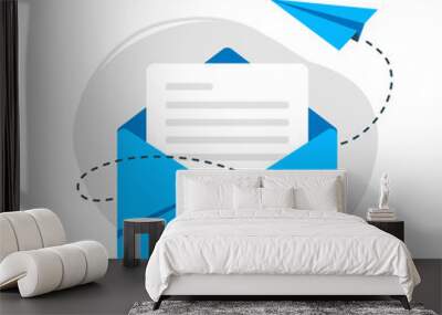 Letter in an envelope with message and a paper airplane. Blue email icon. Minimalistic vector illustration.	 Wall mural