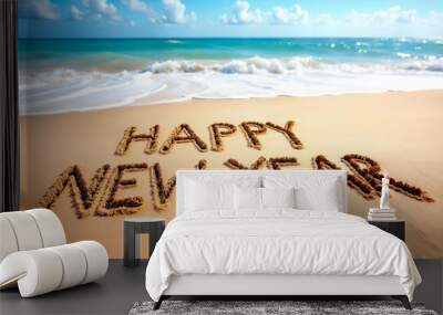 Happy New Year writing on a beach with a blue sky.
AI Image. Wall mural