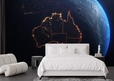 Australia map outline view from space, globe planet earth, red glow color, elements of this image courtesy of NASA Wall mural