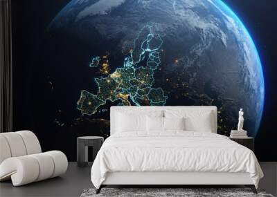 Planet Earth from Space European Union Countries highlighted teal glow,  Post Brexit 2020 political borders and counties, city lights, 3d illustration, elements of this image courtesy of NASA Wall mural