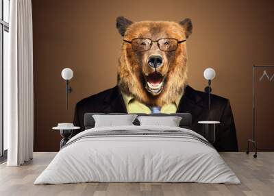 Portrait of a funny bear in a business suit and glasses Wall mural