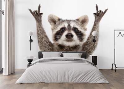 Portrait of a funny raccoon showing a rock gesture isolated on white background.JPG Wall mural