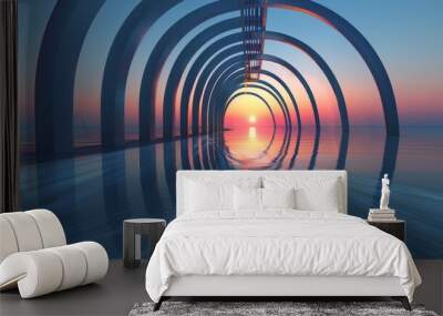 Abstract blue illustration of swirling light trails forming a target and spiral within a metallic tunnel Wall mural