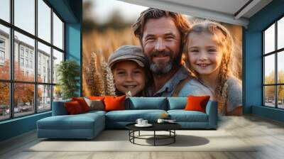 a father as a farmer with her two daughters Wall mural