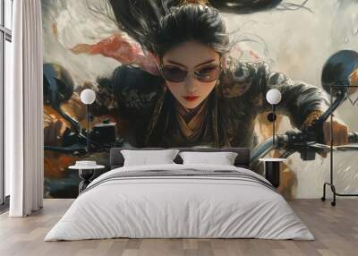 painting of A chinese girl wearing sunglasses ride on bike Wall mural