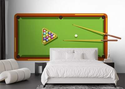 Billiard table with green field, wooden cues and colorful balls Wall mural